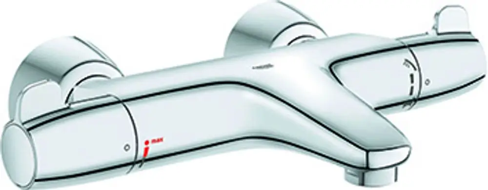 Wannenarmatur mit verchromter Oberfläche von Grohe, ausgestattet mit verdeckten S-Anschlüssen und zwei Bedienelementen für Temperatur und Wasserfluss.