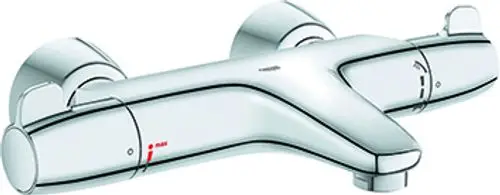 Chromfarbener Wandmischer für Dusche oder Badewanne mit zwei Steuergriffen für die Temperaturregelung.