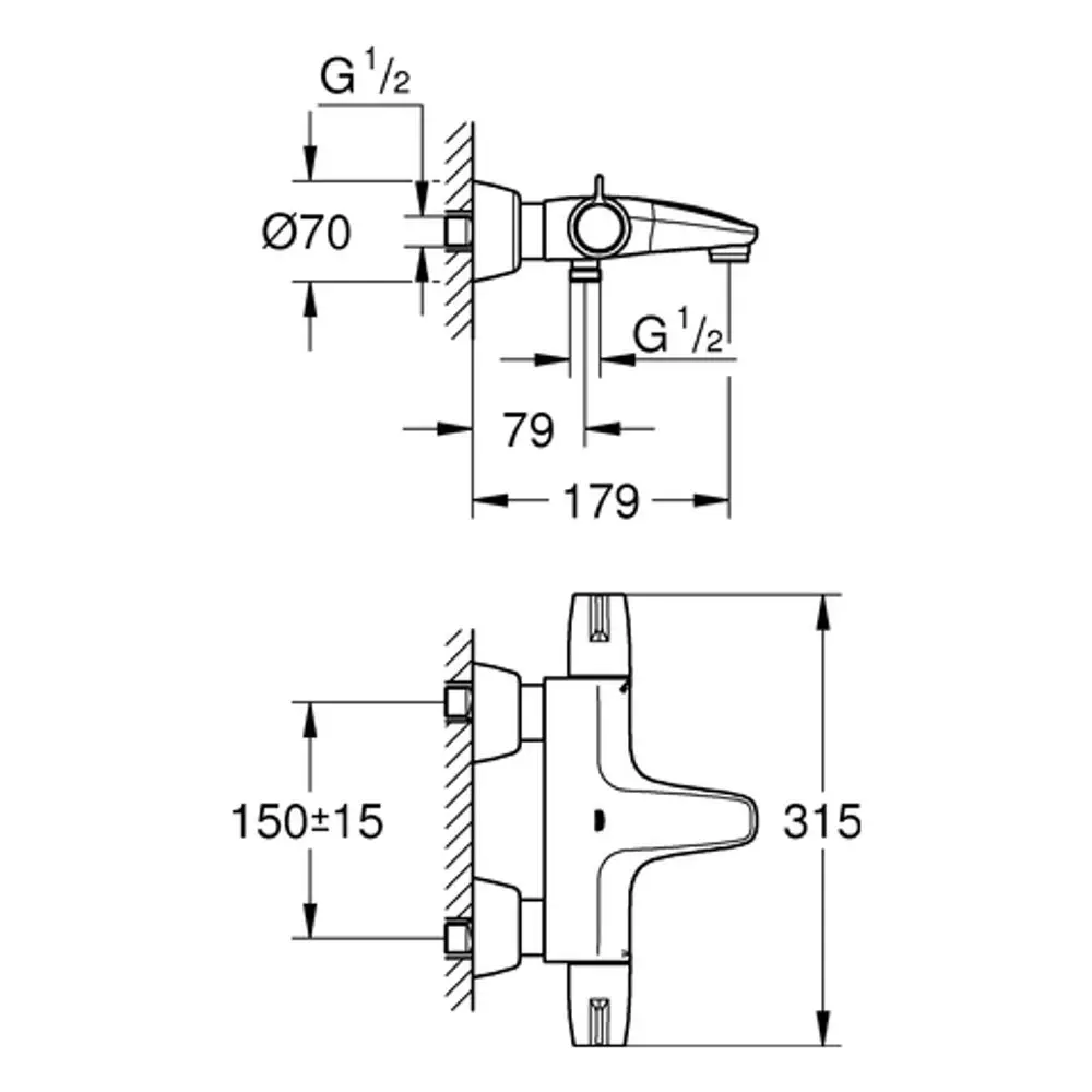 Technische Zeichnung eines Grohe-Wannenbatterie mit verdeckten S-Anschlüssen. Seitenansicht und Draufsicht. Maße und Details sind schematisch dargestellt.