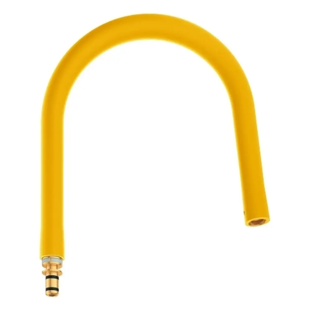 Gelber Schlauch mit gebogenem Design und Anschlussstück, geeignet für Grohe Küchenarmaturen. Der Schlauch hat eine robuste Oberfläche und endet in einem standardisierten Anschluss.