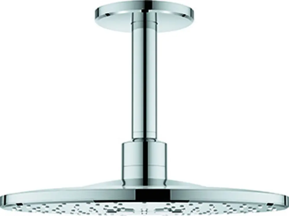 Hängende Dusche mit runder Kopfbrause in chromfarbenem Finish. Die Dusche hat einen zentralen Auslass und ein schlichtes Design, typisch für Grohe Produkte.