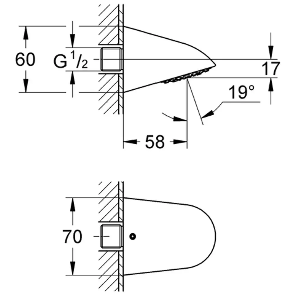 Durch die Wand montierte Duschkopfbrause von Grohe mit abgerundetem Design, sichtbarem Anschluss und Schwenkbereich. Maßen für Installation und Wasseranschluss sind abgebildet.