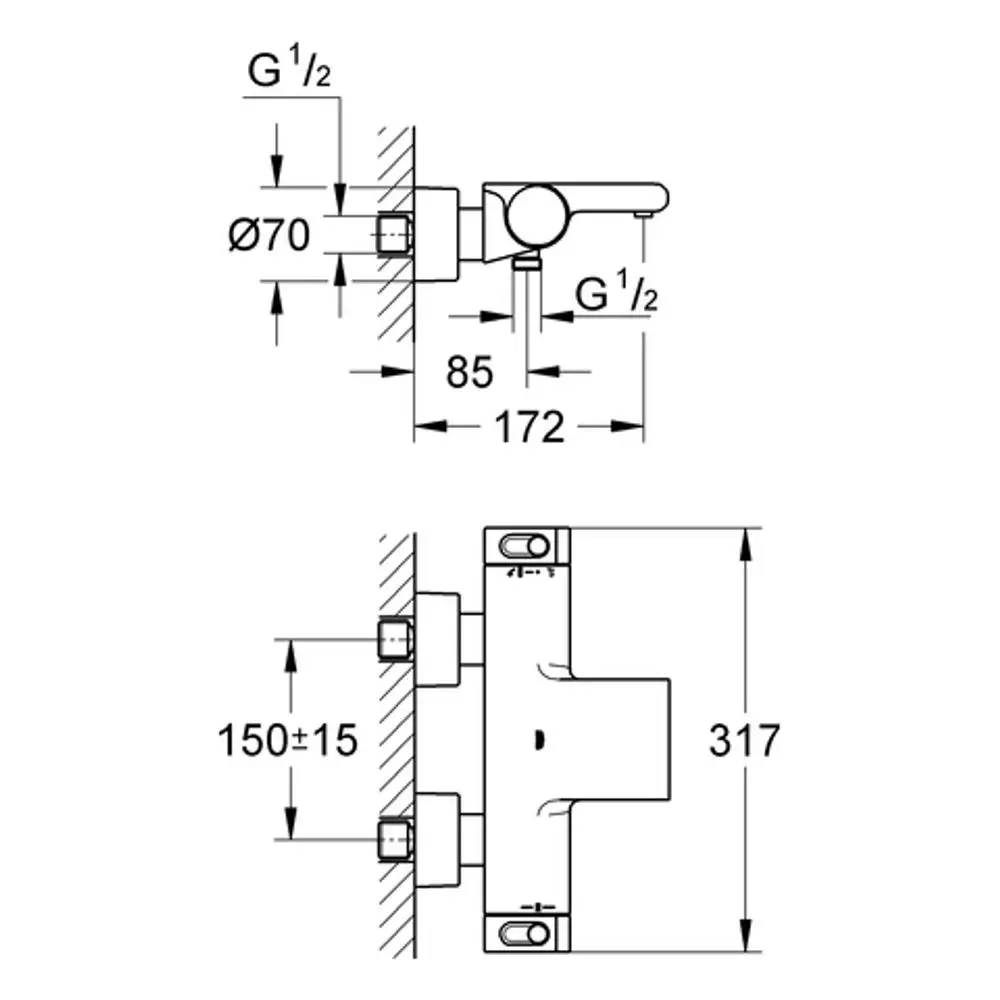 Grohe Wannenbatterie mit Wandmontage, mit einem Hebel zum Steuern des Wasserflusses. Maßskizze zeigt die Installationsmaße und Anschlüsse.