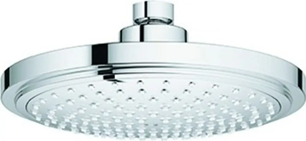 Grohe Duschkopf mit flacher, runder Form und gleichmäßig angeordneten Düsen zur Wasserverteilung, in verchromter Ausführung.