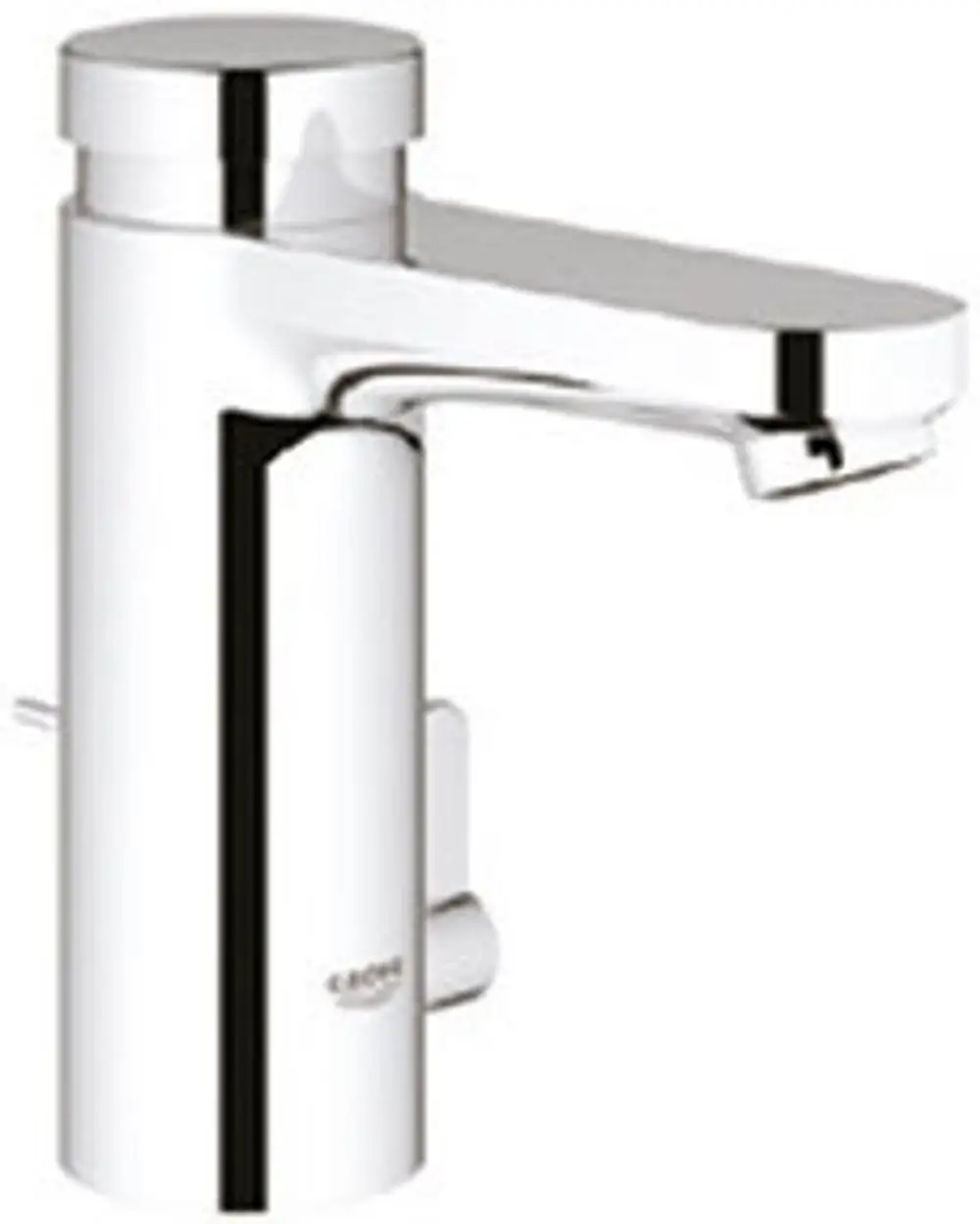 Chromfarbener Grohe Wasserhahn mit seitlichem Hebel zur Temperatur- und Mengenregulierung, ausgestattet mit einem langen Auslauf und einem integrierten Ablauf.