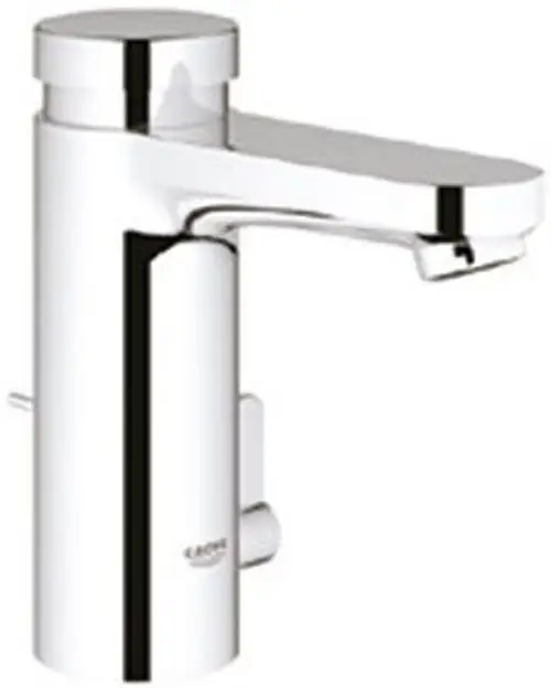 Chromfarbener Grohe Wasserhahn mit seitlichem Hebel zur Temperatur- und Mengenregulierung, ausgestattet mit einem langen Auslauf und einem integrierten Ablauf.