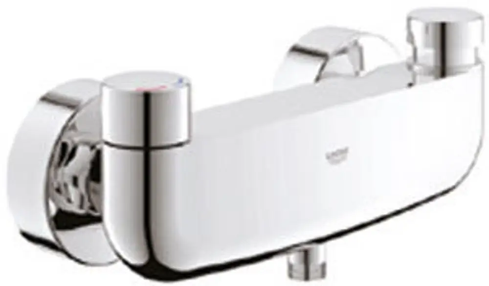 Wandmontierte Grohe Brausearmatur mit zwei Drehgriffen zur Temperatur- und Wassermengenregulierung, verchromte Oberfläche.