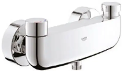 Wandmontierte Grohe Brausearmatur mit zwei Drehgriffen zur Temperatur- und Wassermengenregulierung, verchromte Oberfläche.
