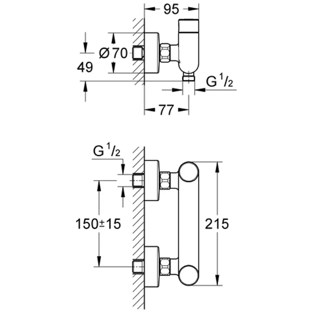 Grohe-Brausebatterie zur Wandmontage mit Mischfunktion, abgebildet in technischen Zeichnungen mit Angaben zu Abmessungen und Anschlüssen.
