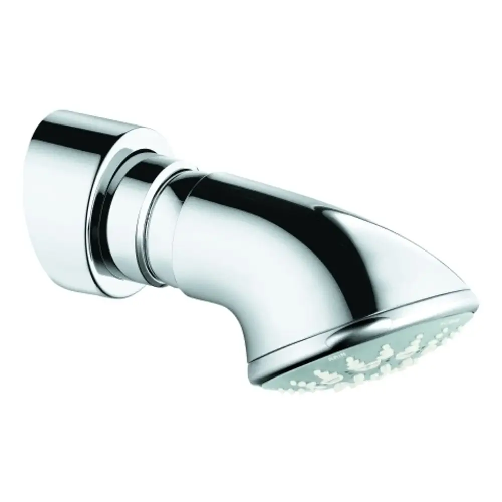GROHE Duschkopf mit gebogenem Auslauf und einer runden Oberfläche. Sichtbare Strahldüsen zur sicheren Reinigung, Oberfläche in Chromoptik.