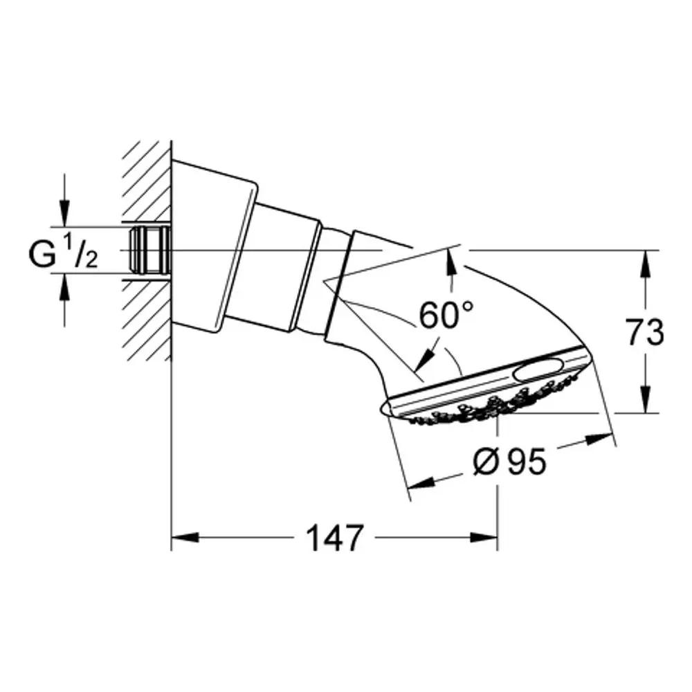 GROHE Kopfbrause mit schwenkbarem Auslauf und mehreren Strahlarten, abgebildet in seitlicher Ansicht, zeigt die Maße und Anschlusstechnik.