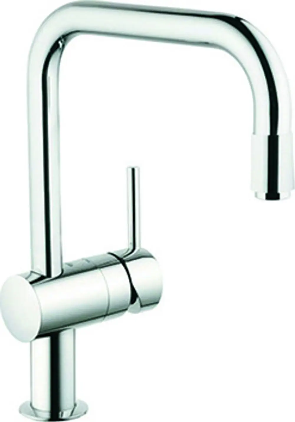 Chromfarbener Küchenarmatur von Grohe mit U-Auslauf und einem Hebel zur Steuerung des Wasserflusses, montiert auf einer runden Basis.