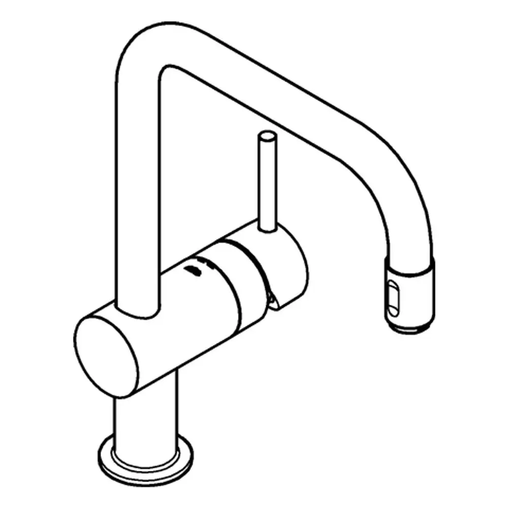 Grohe Küchenarmatur mit U-förmigem Auslauf und einem wasserabsplittenden Edelstahl-Mousseur. Das Design ist schlicht und funktional.