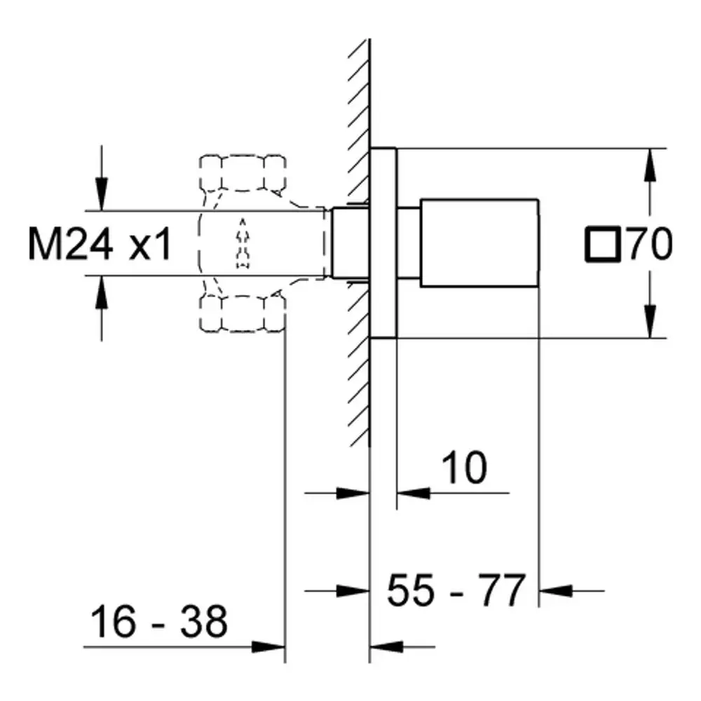 Grohe Ventil mit einer M24-Anschlussgröße, einer verstellbaren Länge zwischen 16 und 38 mm und einem Durchmesser von 70 mm, abgebildet in einer Seitenansicht.
