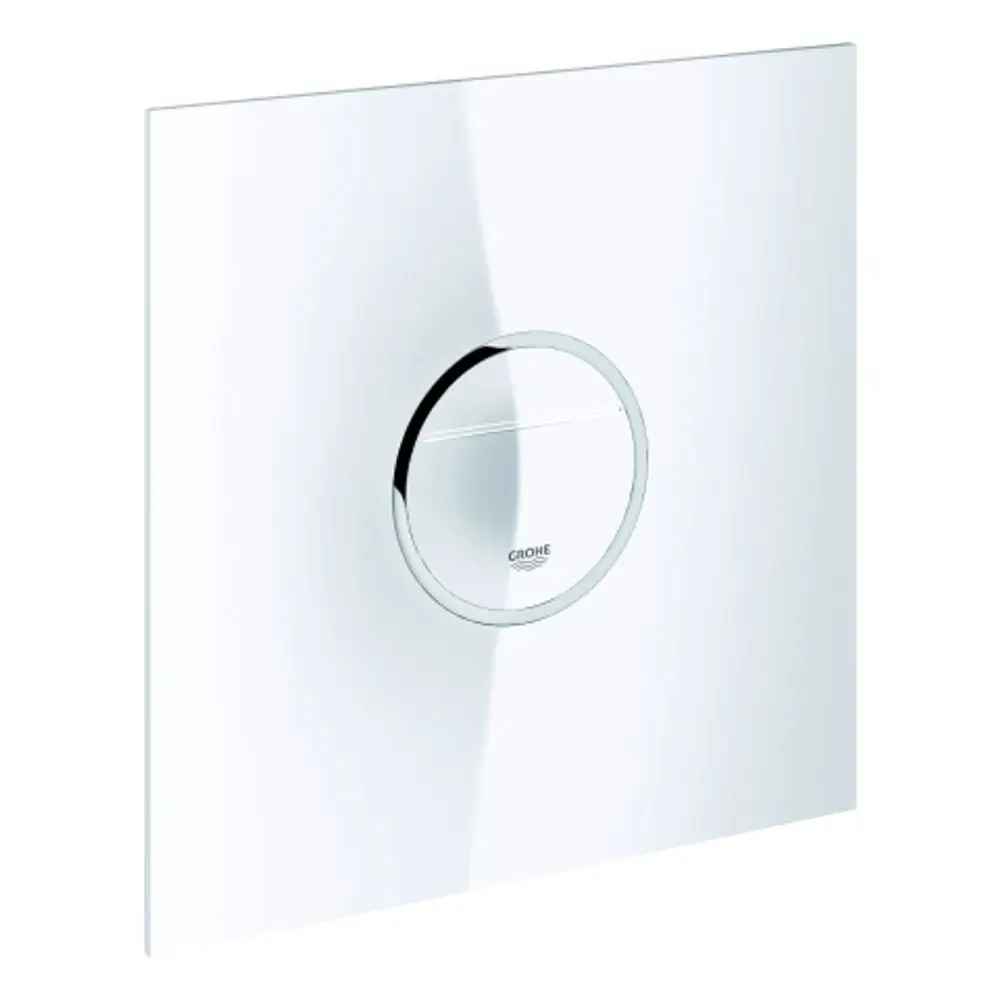 Weiße WC-Betätigung von Grohe mit runder Druckplatte und schmalem Betätigungselement. Glatte Oberfläche, geeignet für Wandmontage.