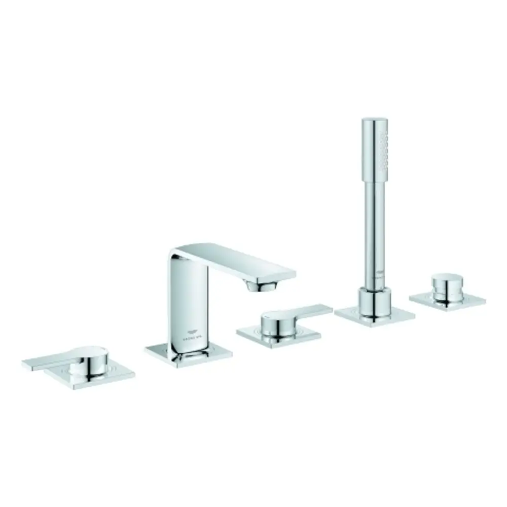 Grohe Wannenarmatur mit einem Wasserhahn und zwei Hebelgriffen in Chrome. Das Design ist rechteckig mit quadratischen Grundplatten.