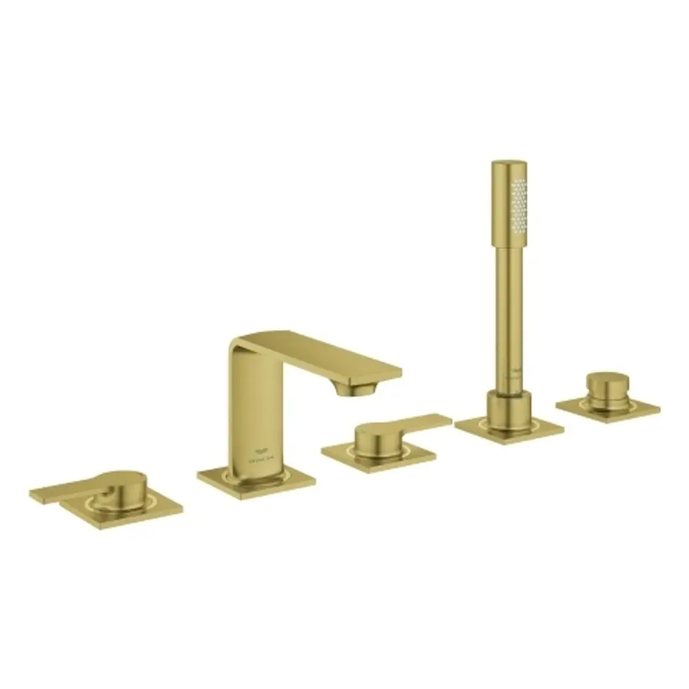 Grohe Wasserhahn-Set in warmem Goldton mit einem modernen Design. Das Set enthält einen Wasserhahn und separate Bedienelemente auf quadratischer Basis.