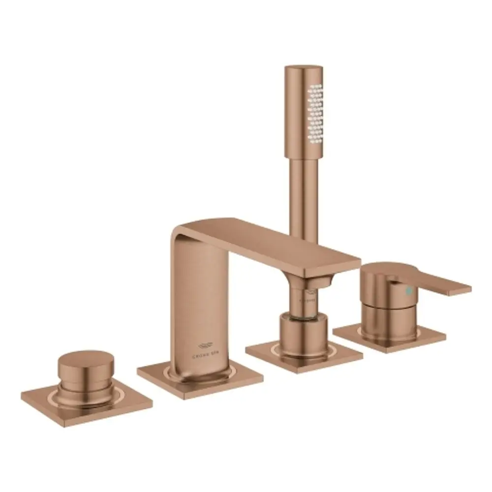 Bronzefarbene Grohe-Wannenbatterie mit vier Komponenten, einschließlich Mischbatterie und Handbrause, auf quadratischen Platten montiert.