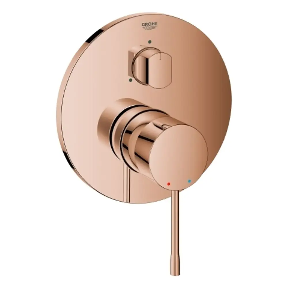 Wandmontierte Grohe-Batterie mit einer runden, bronzefarbenen Oberfläche und zwei Bedienelementen für Wassertemperatur und -fluss.