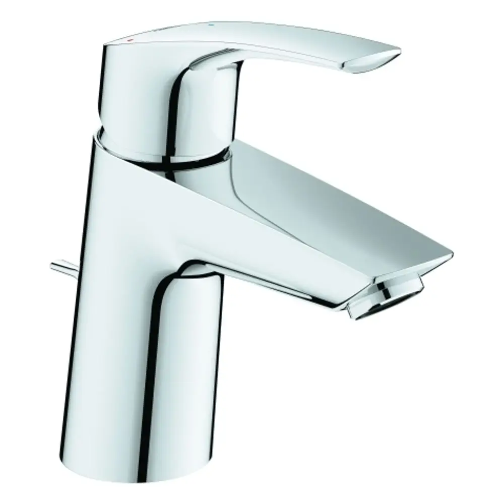 Grohe-Waschtischarmatur mit einem modernen Hebel für die Wasserregulierung. Die Oberfläche ist glänzend und chromfarben, die Form ist geneigt und zeitgemäß gestaltet.