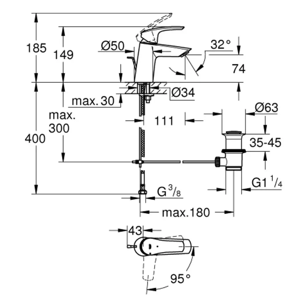 Grohe-Waschtischbatterie mit geneigter Armatur und verschiedenen Ananschlussmöglichkeiten. Abmessungen, Schläuche und Anschlussgrößen sind im Diagramm dargestellt.