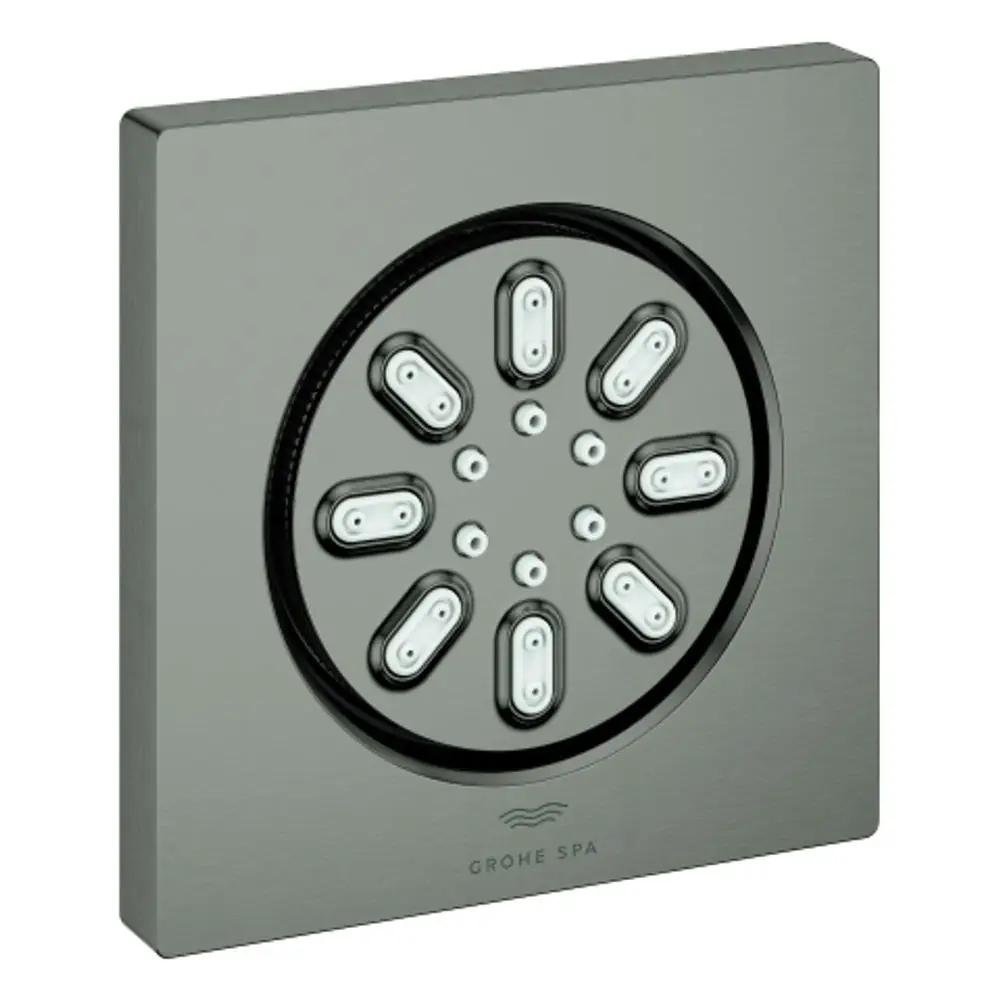 GROHE Duschpaneel in quadratischer Form mit mehreren Duschdüsen in einer Anordnung auf gebürsteter, graphitfarbener Oberfläche.
