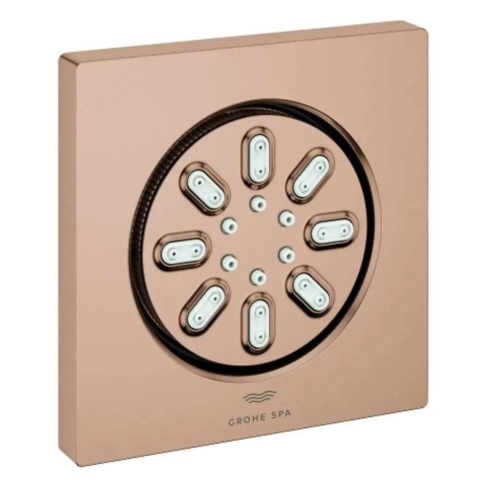 Grohe Seitenbrause in eckiger Form mit mehreren Düsenauslässen, montiert auf einer quadratischen Platte in gebürstetem Warm Sunset-Finish.