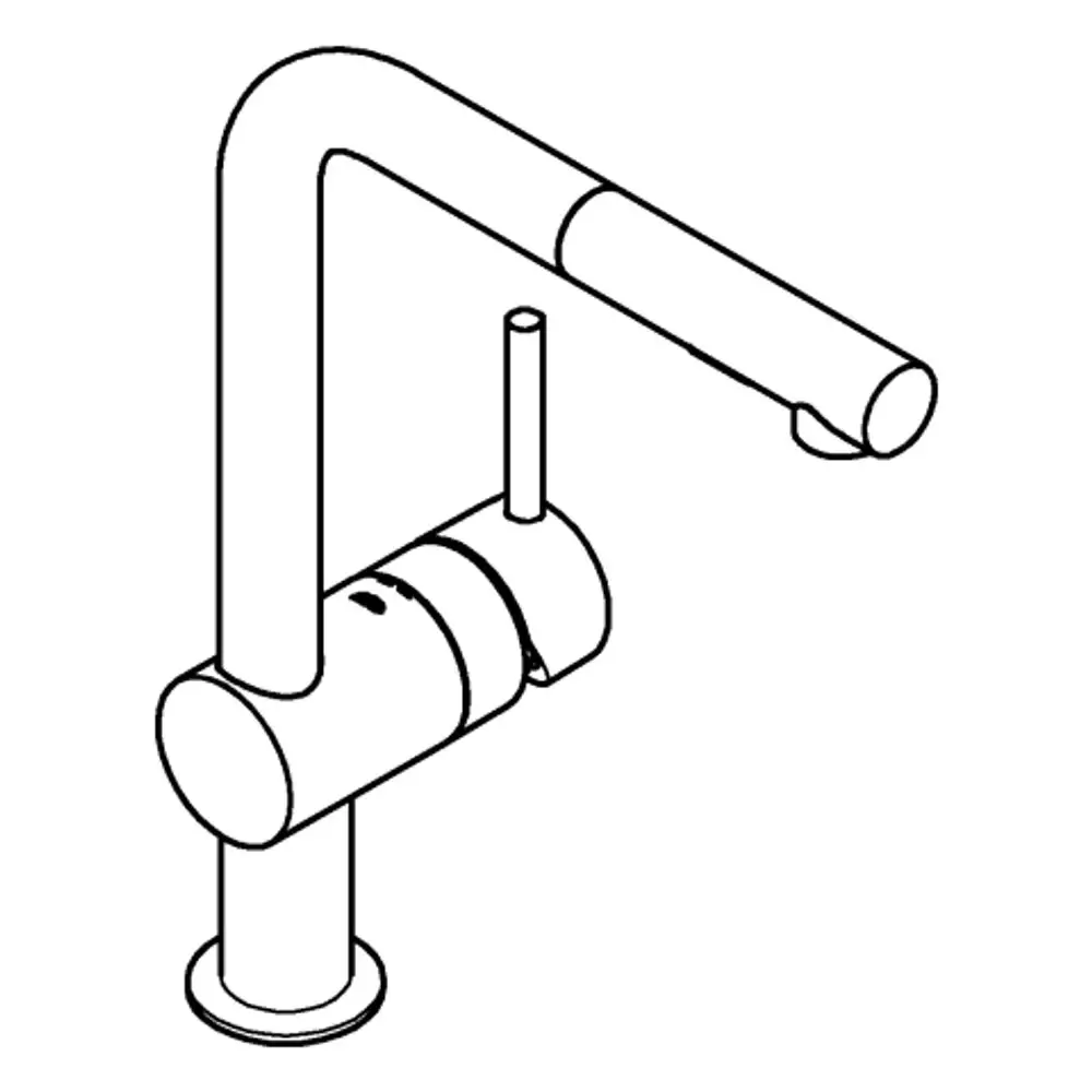 GROHE Armatur mit einem hohen Auslauf und einem schlanken, gebogenen Design. Die Spülbrause ist integriert und bietet eine praktische Nutzung für Spülen und Abläufe.