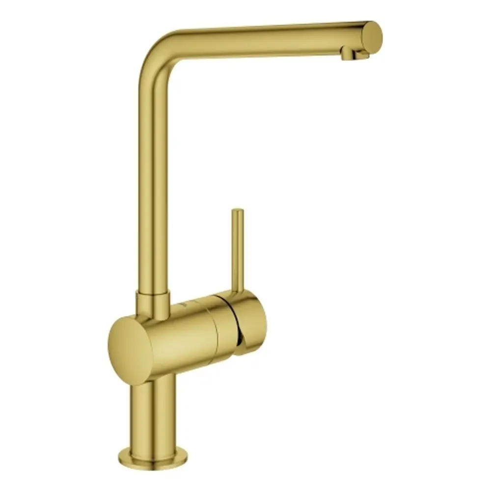 Ein goldfarbener Wasserhahn von Grohe mit einem hohen, geraden Auslauf und einem seitlichen Hebel zur Steuerung des Wasserflusses.