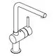 Einhand-Spültischbatterie von Grohe mit L-Auslauf und gebürsteter Oberfläche. Der Wasserhahn hat eine moderne Form mit einem hohen Auslauf.