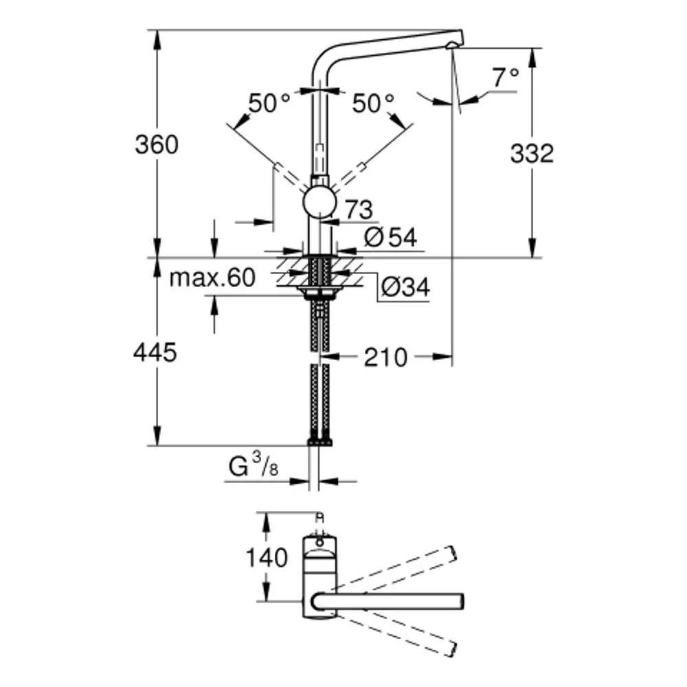 Eine Grohe Einhand-Spültischbatterie mit einem hohen L-Auslauf und einem schwenkbaren Auslauf, dargestellt in einem technischen Diagramm mit Maßangaben.