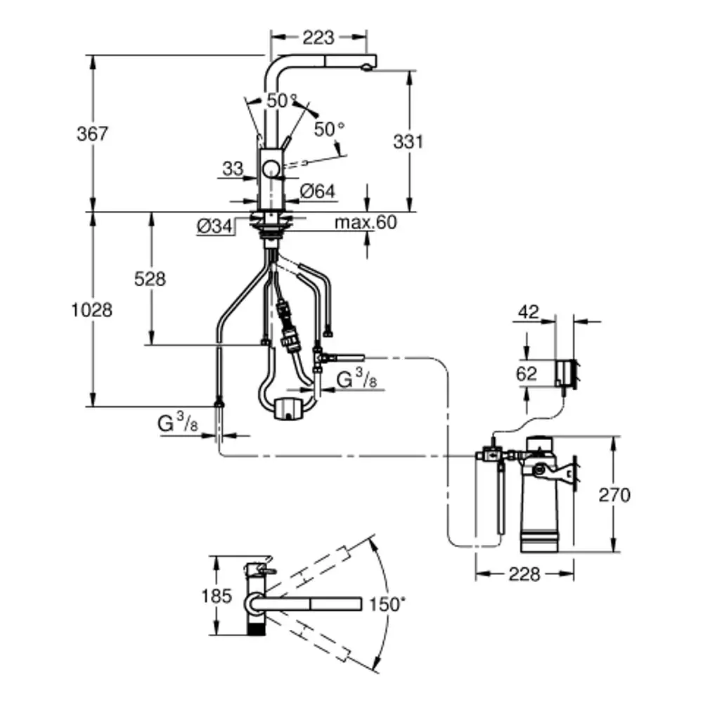Technische Zeichnung eines Wasserhahns mit integrierter Wasserfilterung von Grohe. Ansichten für Montage und Maße sind klar dargestellt.