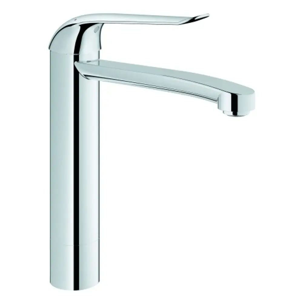 Ein Grohe-Wasserhahn aus Chrom mit einem hohen, schlanken Auslauf und einem seitlichen Hebel zur Regulierung des Wasserflusses.