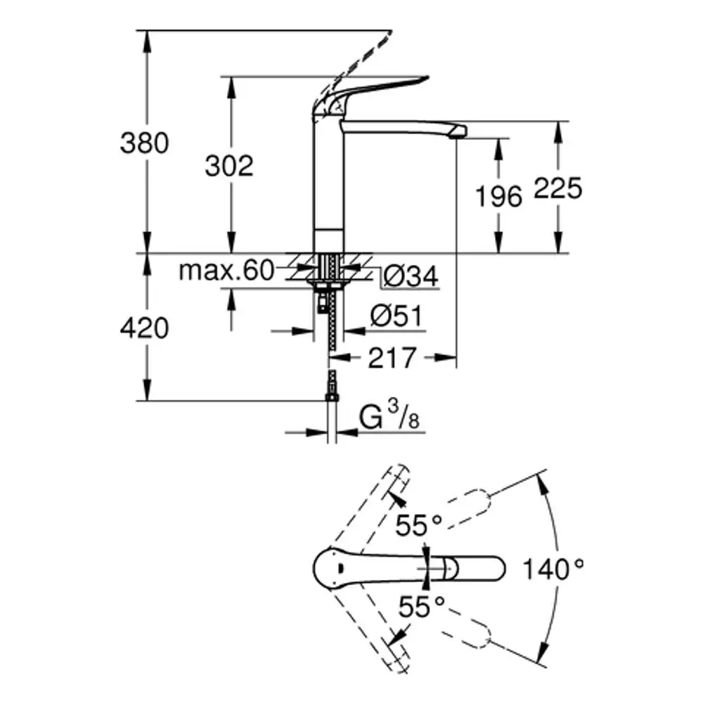 Schema eines Grohe Wasserhahns mit technischen Maßen, seitlicher Ansicht, inklusive Montageinformationen und Bewegungswinkel des Hebels.