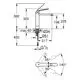 Schema eines Grohe Wasserhahns mit technischen Maßen, seitlicher Ansicht, inklusive Montageinformationen und Bewegungswinkel des Hebels.