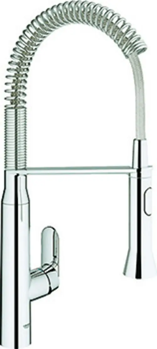Küchenarmatur von Grohe mit flexibler Profibrause und einem verchromten Finish, geeignet für Spültische und mit einem Hebel zur Wassersteuerung.