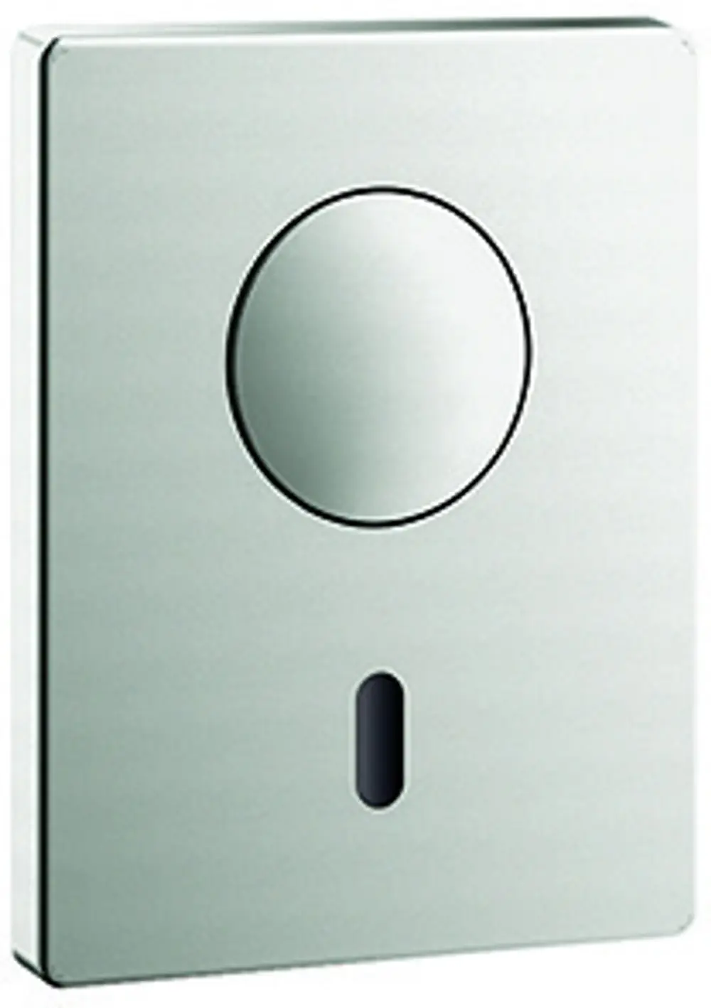GROHE Tectron Skate, elektronische WC-Betätigung in Edelstahloptik, mit rundem Druckknopf und schmalem, rechteckigem Gehäuse.