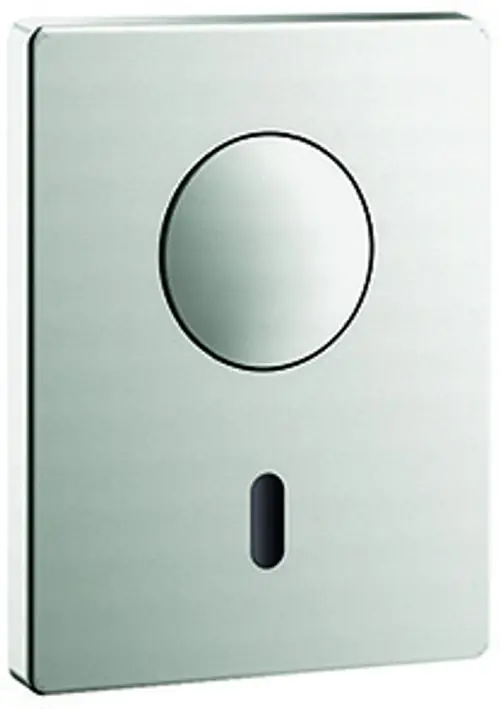 GROHE Tectron Skate, elektronische WC-Betätigung in Edelstahloptik, mit rundem Druckknopf und schmalem, rechteckigem Gehäuse.