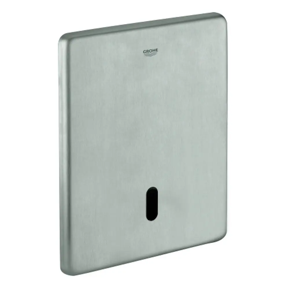 Edelstahl-Wandplatte von Grohe für eine elektronische WC-Spülung, mit runder Aussparung unten. Flaches, minimalistisches Design ohne sichtbare Bedienelemente.