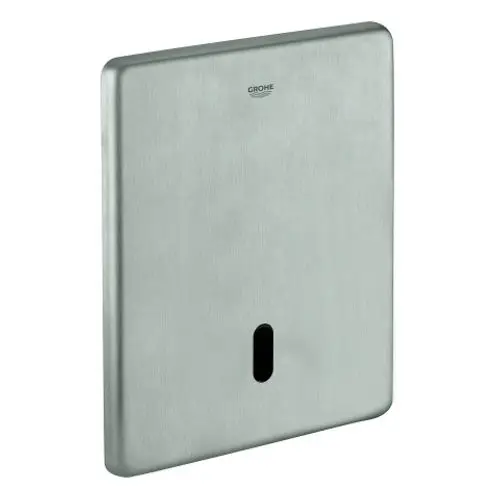 Edelstahl-Wandplatte von Grohe für eine elektronische WC-Spülung, mit runder Aussparung unten. Flaches, minimalistisches Design ohne sichtbare Bedienelemente.