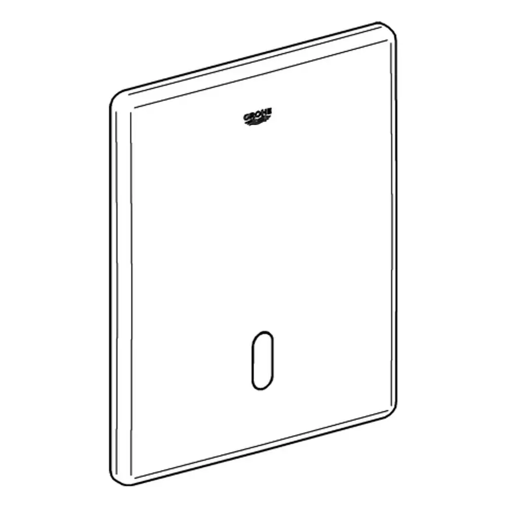 Wandeinbauplatte aus Edelstahl mit runder Aussparung, die als Teil eines WC-Druckspüler-Systems von Grohe verwendet werden kann.