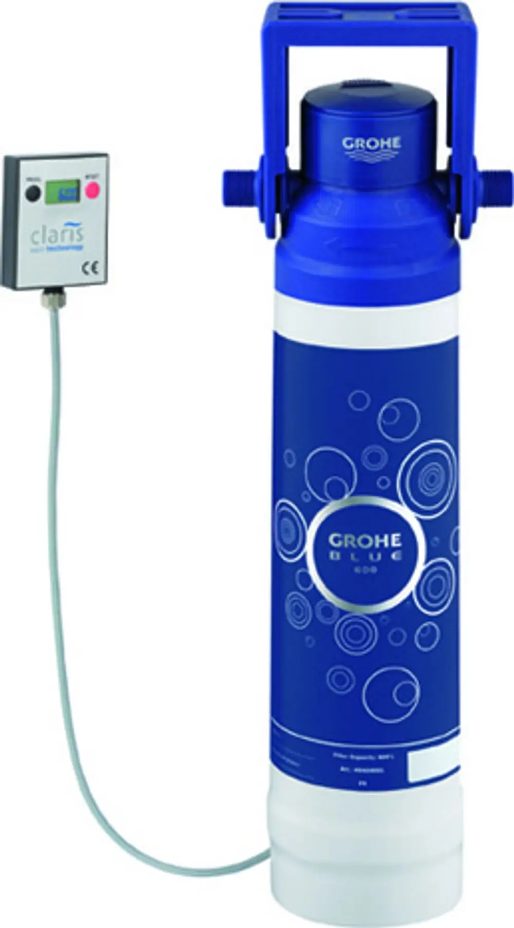 Grohe Wasserfilter in blauer Farbgebung mit einem digitalen Display zur Überwachung. Der Filter ist für stark kalkhaltiges Wasser konzipiert.