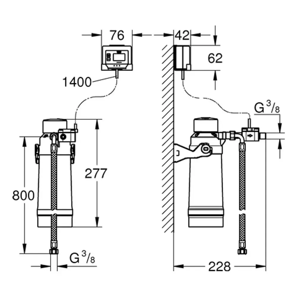 Diagramm eines Grohe Filtersystems mit Anschlussdetails. Abmessungen und Platzierung des Filterkopfes sind deutlich dargestellt.