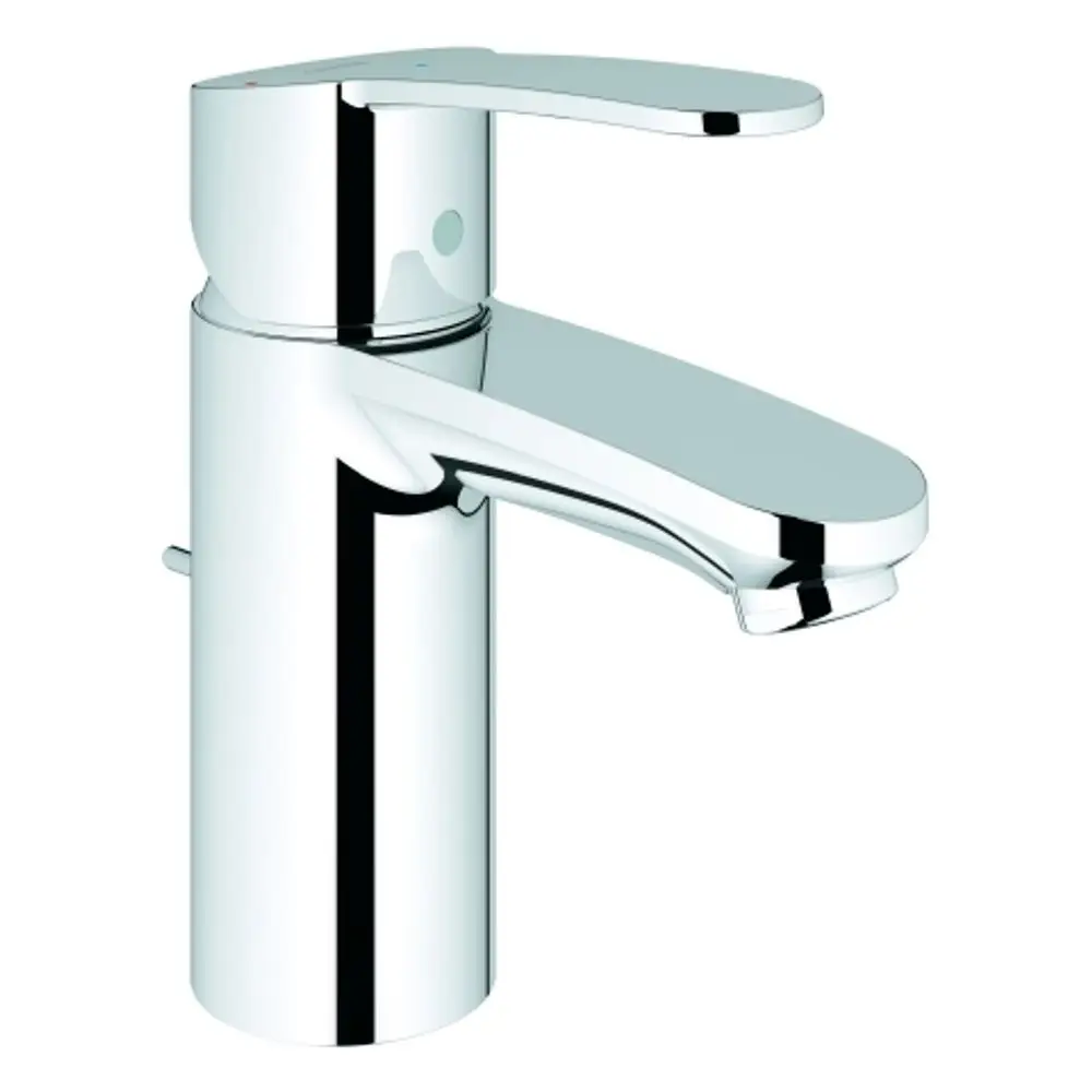 Chromfarbene Grohe-Waschtischbatterie mit einem flachen Griff und einer runden Wasserauslaufkante. Die Bedienung erfolgt über den seitlichen Hebel für Temperatur und Wassermenge.