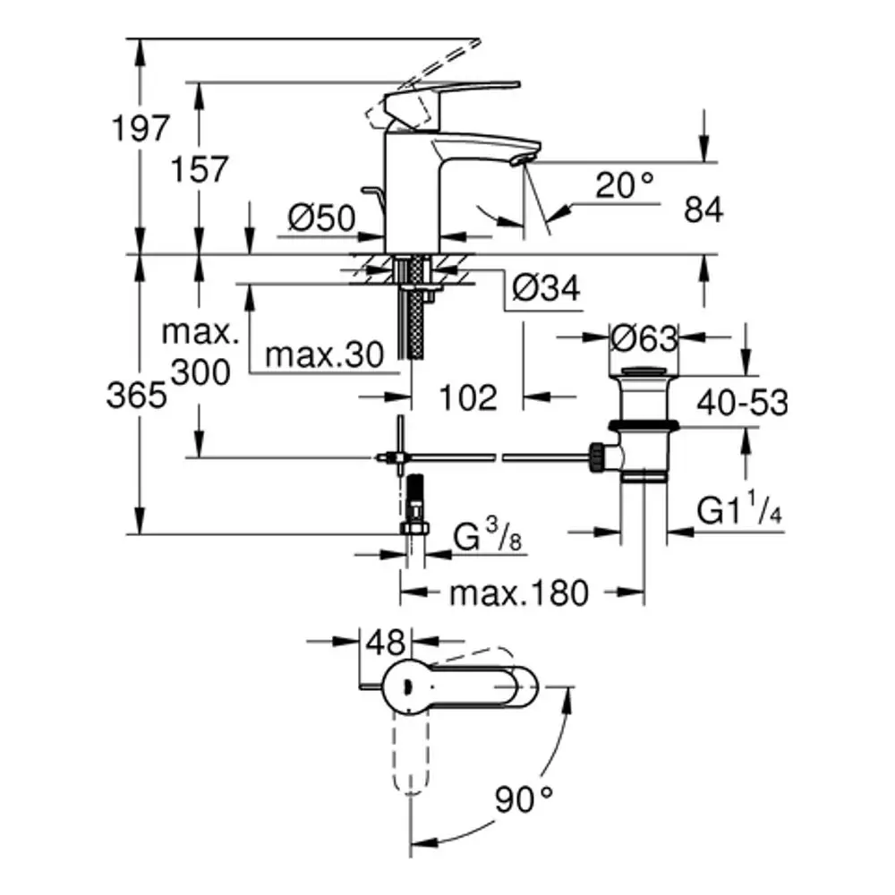 GROHE-Waschtischbatterie mit einem senkrechten Hebel und Mischfunktion. Abmessungen und Befestigungspunkte sind im Diagramm detailliert angegeben.
