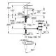 GROHE-Waschtischbatterie mit einem senkrechten Hebel und Mischfunktion. Abmessungen und Befestigungspunkte sind im Diagramm detailliert angegeben.