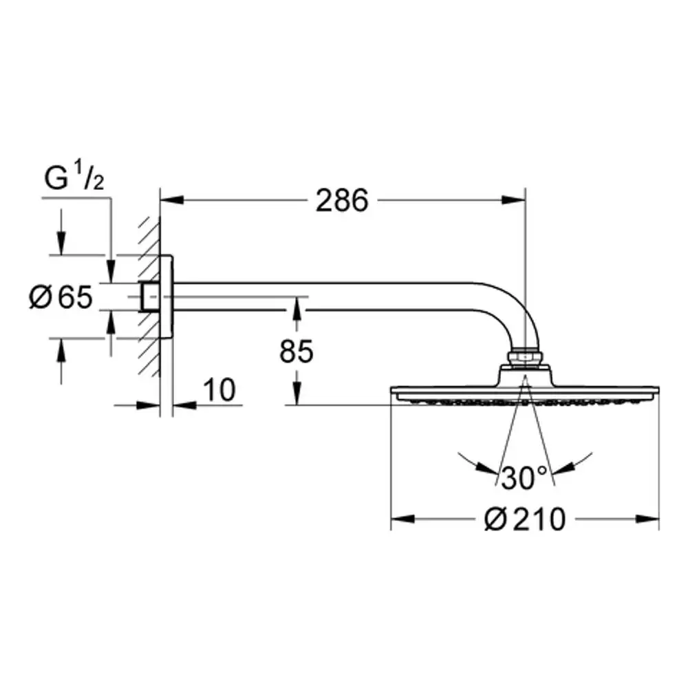 Technische Zeichnung eines Duschkopfes mit Arm und Montageinformationen, hergestellt von Grohe. Geometrische Maße und Anschlussdetails sind abgebildet.