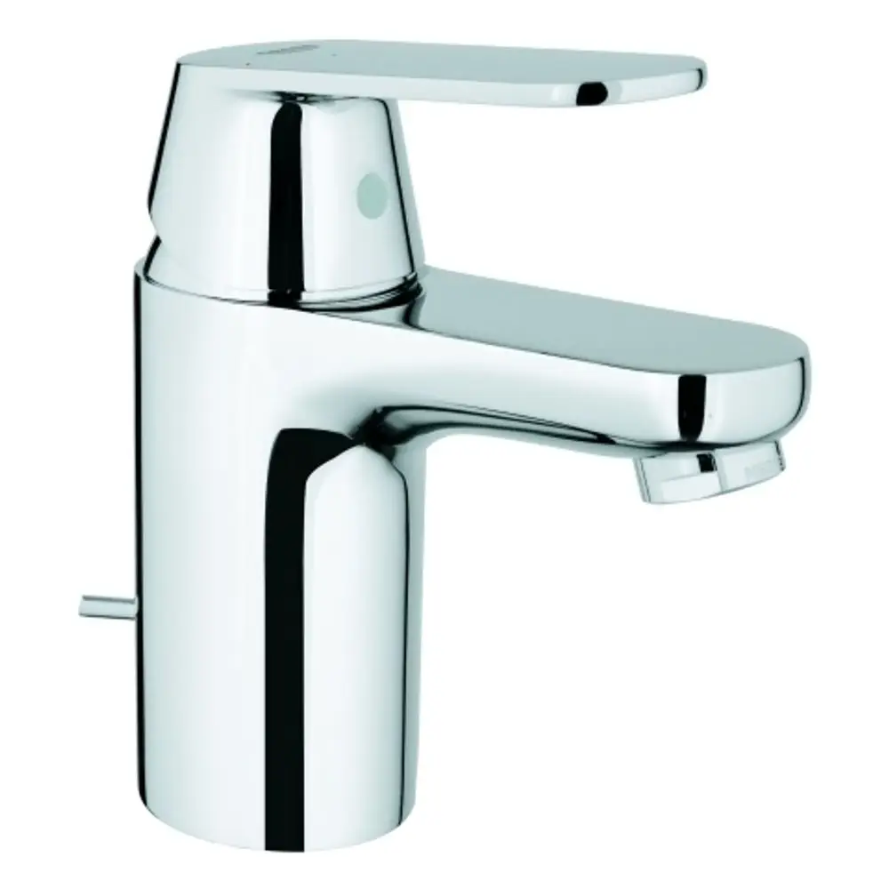 Edelstahl Waschbeckenarmatur mit einem hohen, glänzenden Auslauf und einem flachen, horizontalen Hebel, hergestellt von Grohe, zur Montage auf einem Waschbecken.