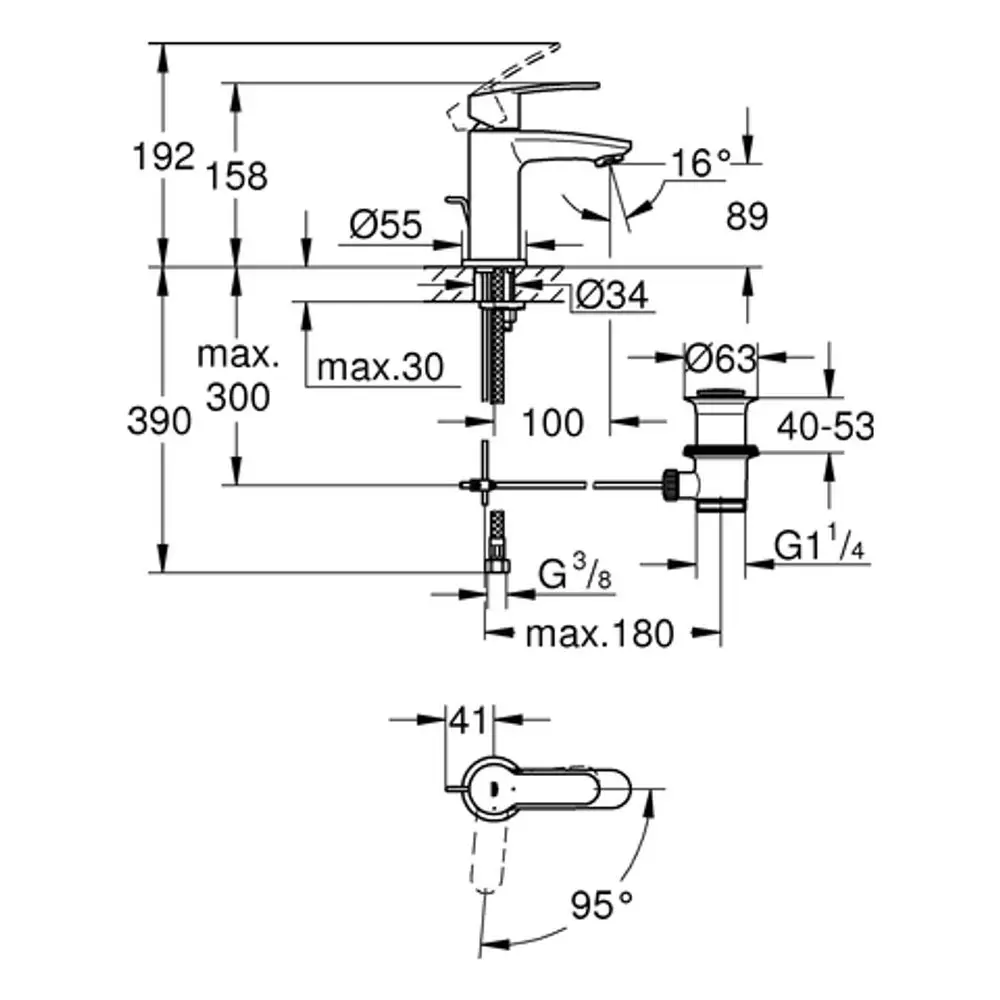 Technische Zeichnung einer Grohe-Batterie mit Abmessungen, einschließlich Anschlussdetails, Betätigungsmechanismus und relevanten Dimensionen für die Installation.