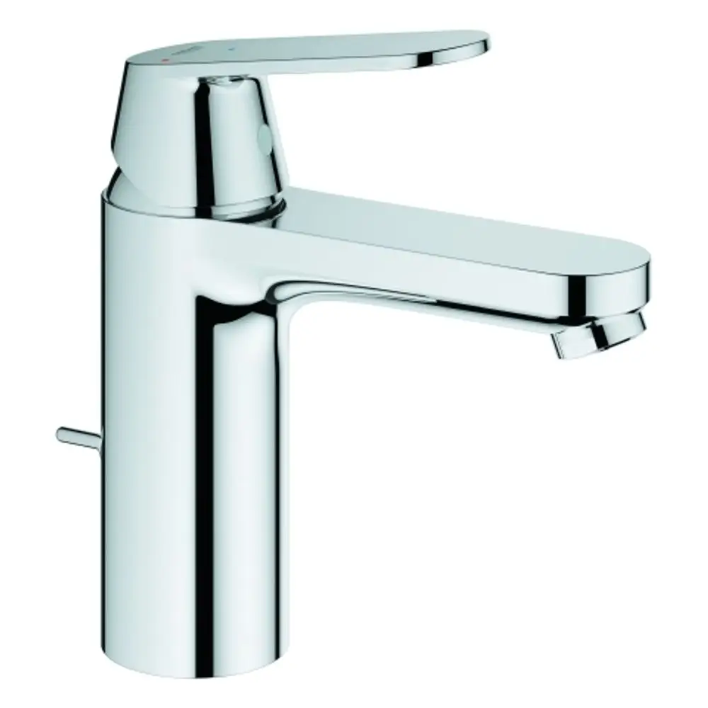 Chromfarbene Armatur von Grohe mit einem langen Auslauf und einem Hebel zur Regulierung von Wassertemperatur und -durchfluss. Seitenbetätigung für zusätzliche Funktionalität.